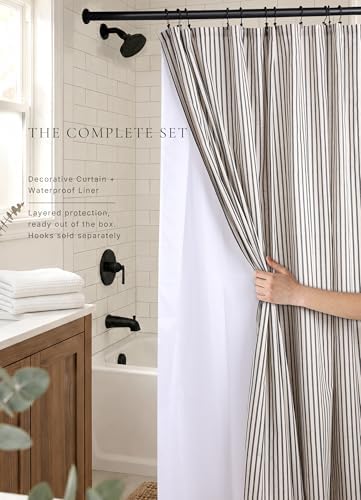 Farmhouse Striped Shower Curtain - Extra Long 72x84 Inches, Linen Blend Fabric, Breathable & Machine Washable, Rustic Black for Bathroom Decor (Hooks/Liner Not Included)