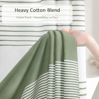 Sage Green Boho Cotton Striped Shower Curtain with Tassel 72"W X 78"L