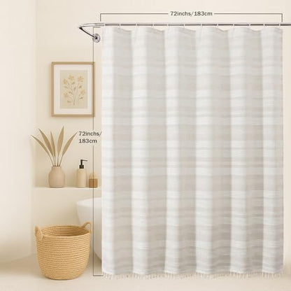 OVZME Natural Linen Shower Curtain for Bathroom, Boho Farmhouse Rustic Striped Shower Curtain with Tassel, Textured Heavy Duty Vintage Country Bathroom Curtain, 72Wx72L Inches