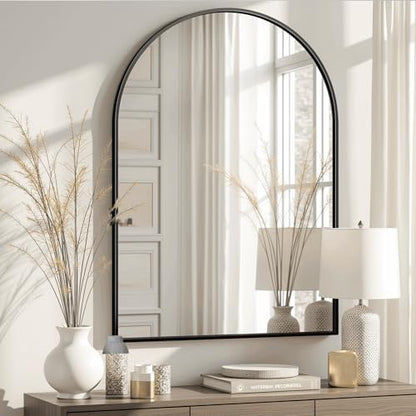 Arched Bathroom Mirror for Wall, 38" x 26" Metal Frame Vanity Mirror, Black
