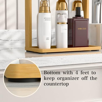 PEKER Bamboo Bathroom Organizer Countertop – Small Vanity Storage Shelf for Makeup, Perfume, Skincare – Natural Cosmetics Display Rack for Dresser, Sink, Kitchen – Natural