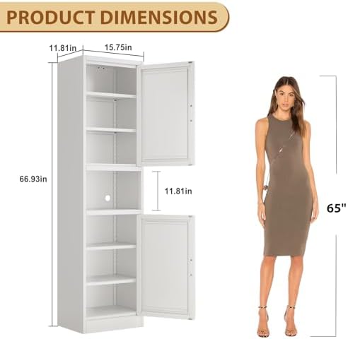 Tall Metal Narrow Bathroom Storage Cabinet 67" H, Tall White Pantry Cabinets with 4 Adjustable Shelves and 2 Doors for Kitchen, Home Office, Living Room, Dining Room(16 inches Wide)