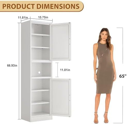 Tall Metal Narrow Bathroom Storage Cabinet 67" H, Tall White Pantry Cabinets with 4 Adjustable Shelves and 2 Doors for Kitchen, Home Office, Living Room, Dining Room(16 inches Wide)