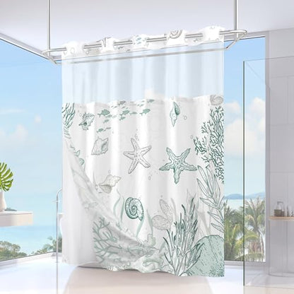 No Hook Shower Curtain and Liner Set, Green Beach Coastal 71x74