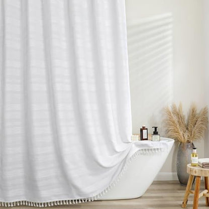 OVZME White Shower Curtain 78 Inch Long, Boho Farmhouse Thick Striped Fabric Hotel Shower Curtain with Tassel, Minimalist Textured Weighted Machine Washable Bathroom Decor, 72Wx78L Inches