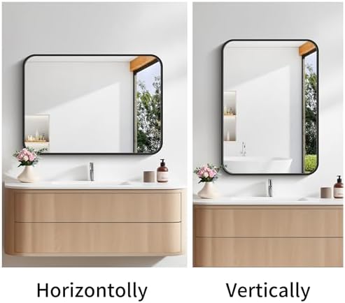 Bathroom Mirror, 18 x 24 inch Metal Framed Black Rectangle Mirror, Rounded Corner Rectangular Vanity Mirror, Wall Mounted Mirror for Modern Bedroom Living Room Hangs Horizontal or Vertical
