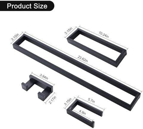 Black Towel Bar Set, 4-Pieces Bathroom Hardware Set Modern Bathroom Towel Holder Set SUS304 Stainless Steel Wall Mounted Towel Rack Set,23.6 Inch
