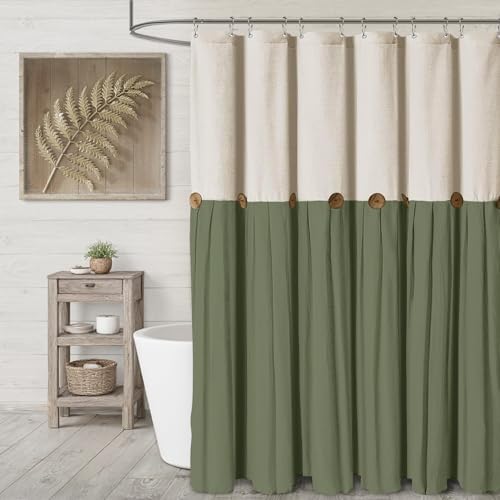 Farmhouse Shower Curtain Linen Button Cream-Green 72" W x 72" L