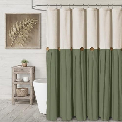 Farmhouse Shower Curtain Linen Button Cream-Green 72" W x 72" L