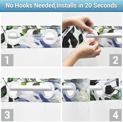 WITHLOC No Hook Floral Shower Curtain with Liner, Eucalyptus Green, 71x77