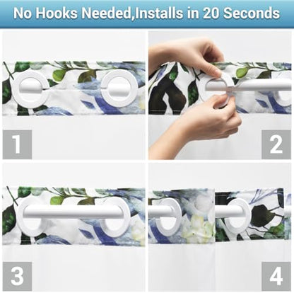 WITHLOC No Hook Floral Shower Curtain with Liner, Eucalyptus Green, 71x77