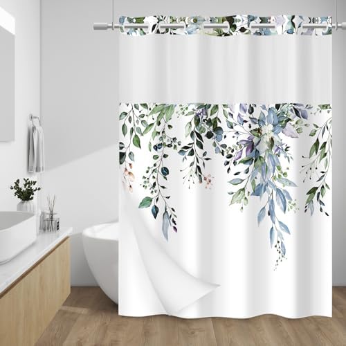 WITHLOC No Hook Floral Shower Curtain with Liner, Eucalyptus Green, 71x77