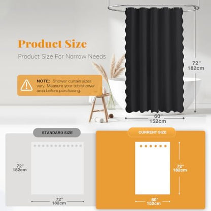 BTTN 60x72 Boho Scalloped Linen Textured Cloth Shower Curtain Set, Black