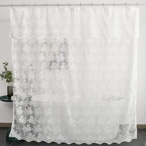 White Lace Shower Curtain 84 Inches Long with Attached Valance, 72x84