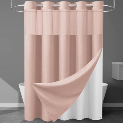 Heavyweight Waffle No Hook Shower Curtain with Liner, Blush Pink, 71x74