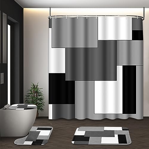Bathroom Sets with Shower Curtain and Rugs, 4 Pcs, Checkered