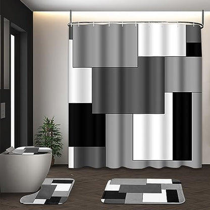Bathroom Sets with Shower Curtain and Rugs, 4 Pcs, Checkered