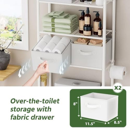 Simple Trending Over The Toilet Storage Rack with Drawers, Metal 3 Tier Bathroom Organizer Shelf with Paper Holder and 3 Hooks, White