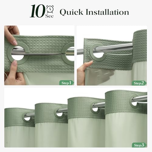 Dynamene Sage Green Hook Free Waffle Shower Curtain & Snap-in Liner,72x81