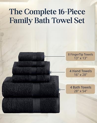 LANE LINEN Bath Towel Set Quick Dry 100% Cotton 16 Piece Soft - Black