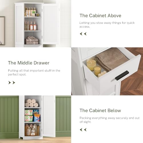 WEENFON Tall Bathroom Cabinet, Storage Cabinet with 6 Shelves & Drawer, Bathroom Storage Cabinet with Adjustable Shelves, Tall Cabinet for Living Room, Home Office, White