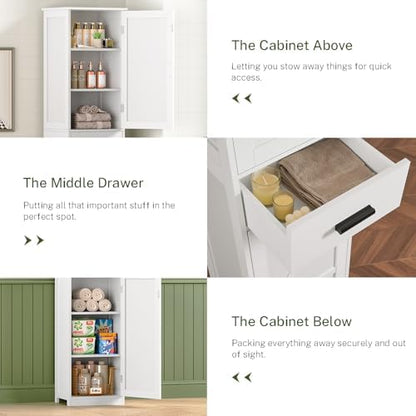 WEENFON Tall Bathroom Cabinet, Storage Cabinet with 6 Shelves & Drawer, Bathroom Storage Cabinet with Adjustable Shelves, Tall Cabinet for Living Room, Home Office, White