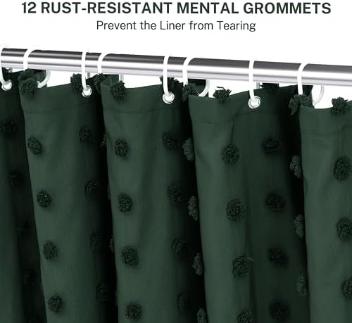 Boho Farmhouse Dark Green Shower Curtain Woven Fabric Shower Curtain, 72 x 72 Tufted Pleat Floral Puffs Textured Modern Farmhouse Minimalist Hunter Green Shower Curtain Set with Hooks for Bathroom