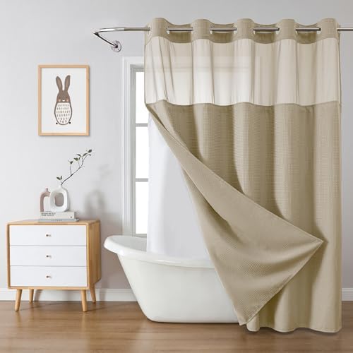 eachope No Hook Waffle Shower Curtain with Snap-in Liner, 71x80 Inch, Khaki