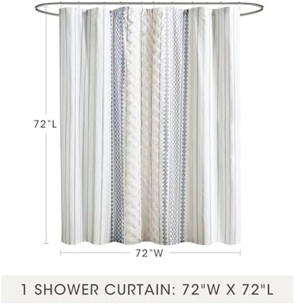 INK+IVY Tufted Chenille 100% Cotton Shower Curtains Machine Washable, Modern Home Bathroom Décor Bathtub Privacy Screen, 72" W x 72" L, White/Navy (Pack of 4)