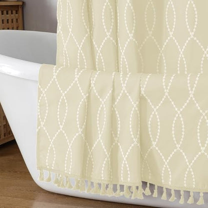 OVZME Light Beige Shower Curtain for Bathroom, Puff Printed Textured Shower Curtain with Tassels, Rustic Geometry Heavy Duty Vintage Country Bathroom Curtain, Water Resistant Fabric, 72Wx72L Inches
