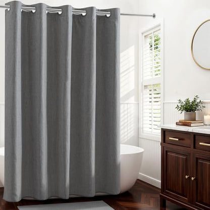 River Dream Linen Textured No Hooks Shower Curtain with Liner,Grey,71x86