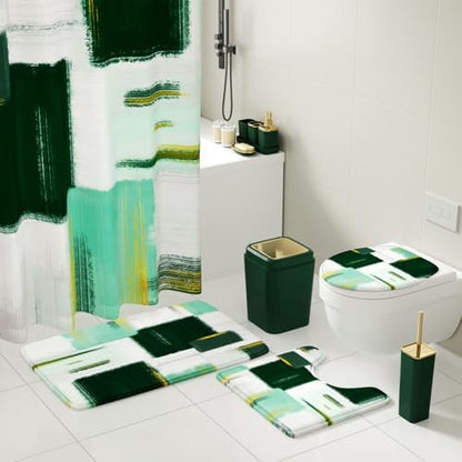 XLHOMO Bathroom Accessories Set - 25PC Bathroom Set with Shower Curtain and Rugs, Green Bathroom Set, Bathroom Accessory Set with Press-on Lid Trash Can, Soap Dispenser and Qtip Holders