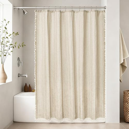 Seenus Boho Farmhouse Shower Curtain Heavyweight Extra Long 72 x 90 Inch, Beige Linen Textured Soft Fabric Shower Curtain with Tassels, Cream Striped Bathroom Décor Curtain Water Repellent