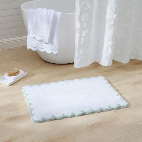 Peri Home 100% Cotton Hand Towel for Bathroom, Embroidered, Soft & Absorbent, 500 GSM, 1 Piece, 16" x 27", White with Sage Scallop
