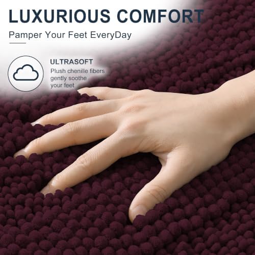 Smiry Thick Small Chenille Bathroom Rugs 24x16, Soft Bath Mat, Black Cherry