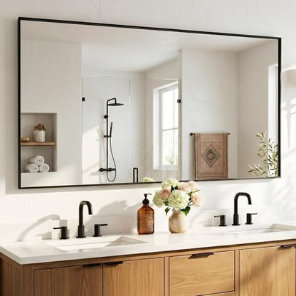 60"x30" Matte Black Wide Bathroom Wall Mirror for Double Vanity