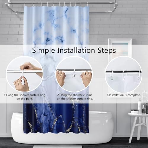 Navy Blue Marble Waterproof Bathroom Shower Curtain 65x72 inches