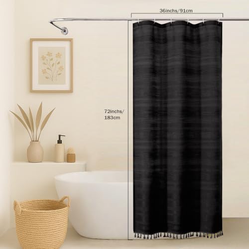 OVZME Black Boho Stall Shower Curtain, Narrow Soft Fabric Striped Linen Textured Bathroom Shower Curtain with Tassel, Modern Farmhouse Machine Washable Bath Decor, Black, 36Wx72L Inches