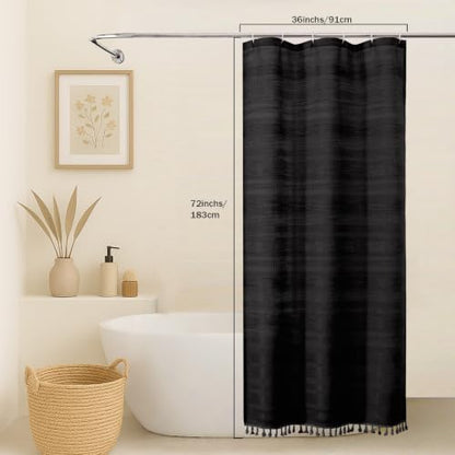 OVZME Black Boho Stall Shower Curtain, Narrow Soft Fabric Striped Linen Textured Bathroom Shower Curtain with Tassel, Modern Farmhouse Machine Washable Bath Decor, Black, 36Wx72L Inches