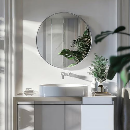 Sunniry Round Mirror 22 inch, Nickel Bathroom Mirror, Brushed Metal Frame