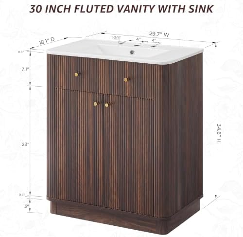 T4TREAM 30" Fluted Bathroom Vanity with Single Sink, Dark Walnut