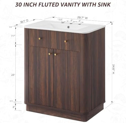 T4TREAM 30" Fluted Bathroom Vanity with Single Sink, Dark Walnut