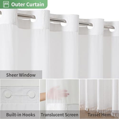 eachope No Hook Extra Long Shower Curtain Set with Snap-in Liner,Linen Textured Thick Striped Fabric with Tassels,Boho Chic Modern Farmhouse Bathroom Curtain,Water-Repellent,White,71x86