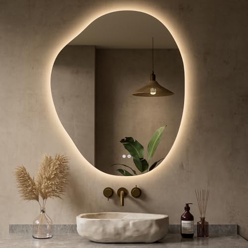 Keonjinn Asymmetrical LED Bathroom Mirror 30 x 36 Inch, HD Tempered Glass