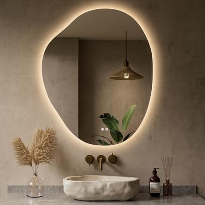 Keonjinn Asymmetrical LED Bathroom Mirror 30 x 36 Inch, HD Tempered Glass