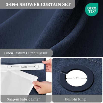BTTN 72x81 Ringless Linen Look Shower Curtain with Snap in Liner, Navy Blue