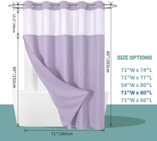 No Hook Waffle Shower Curtain with Snap-in Liner, 71x80 Inch, Lavender