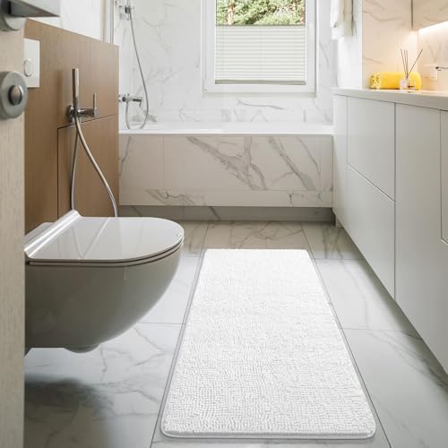LOCHAS Luxury Bathroom Rug Shaggy Bath Mat 48 x 17 Inch, White