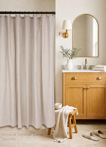 Farmhouse Striped Shower Curtain - Extra Long 72x84 Inches, Linen Blend Fabric, Breathable & Machine Washable, Rustic Taupe for Bathroom Decor (Hooks/Liner Not Included)