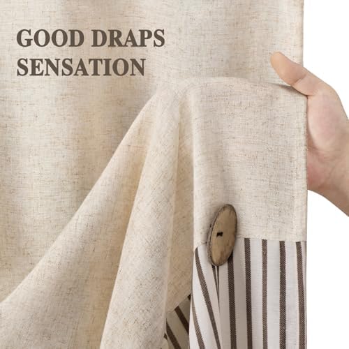 Farmhouse Shower Curtain Linen Beige Button Brown Stripe 72"W x 75"L